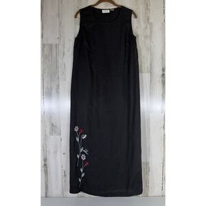 Studio Works Maxi Dress Medium Black Linen Floral Embroidered Sleeveless READ